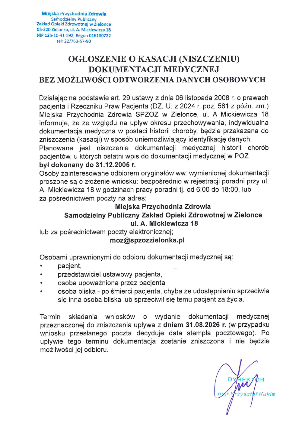 Ogłoszenie o kasacji dokumentacji dokonanej do 31.12.2005r.